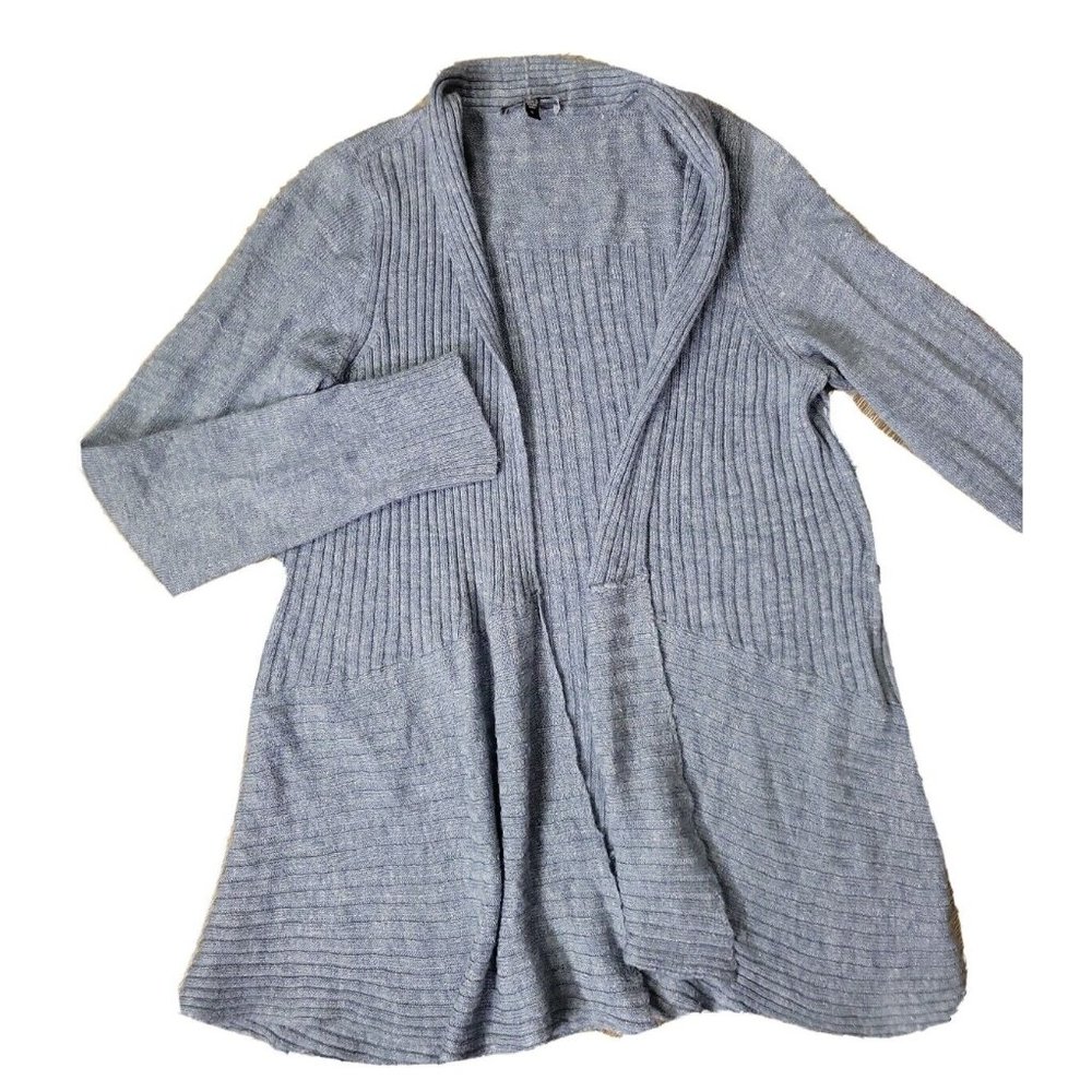 Eileen Fisher Wool Linen Silk Blend Women S Blue Open Front Cardigan Ribbed Knit